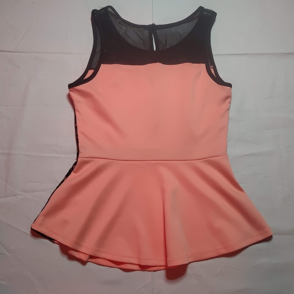 Danbee Tank Top Women's Small Pink Black Lace Sleeveless Round Neck Peplum Shirt - Picture 7 of 11